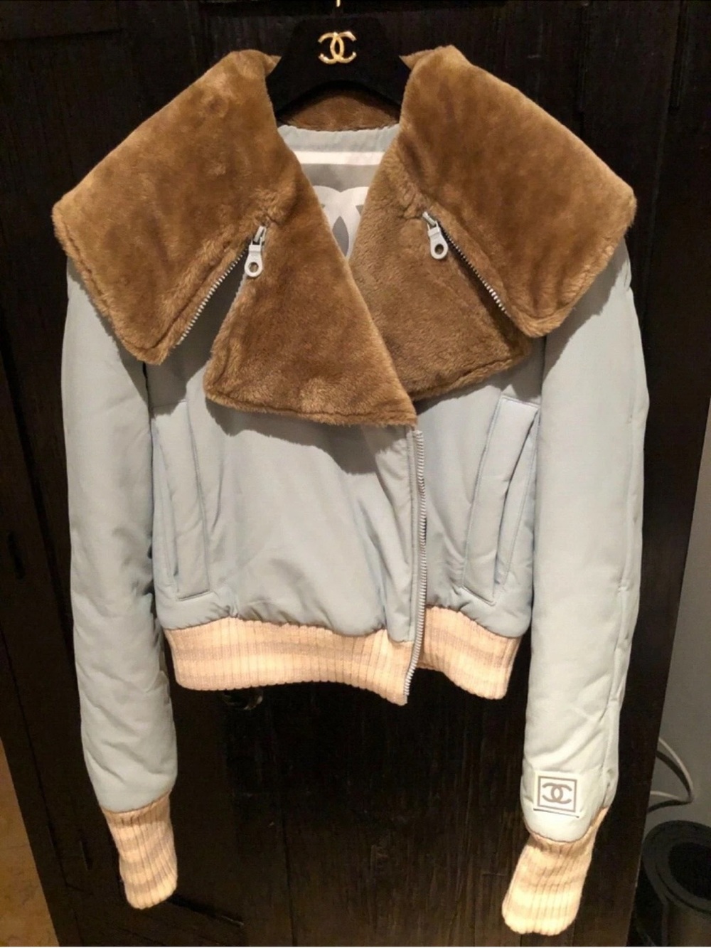 CHANEL Light Blue Bomber Jacket with Tan Faux-Fur Collar